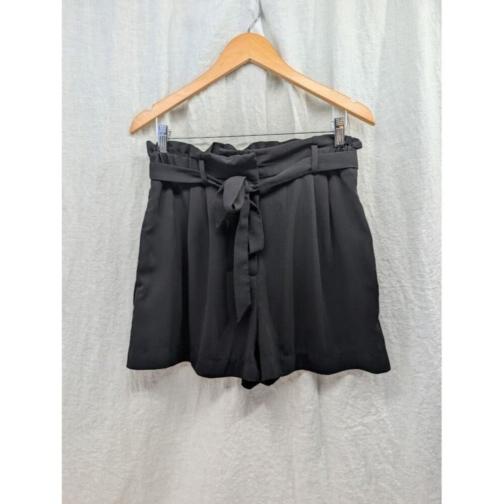 H&M women's sz 12 black shorts dress style tie belted high waist 2.5" inseam B6